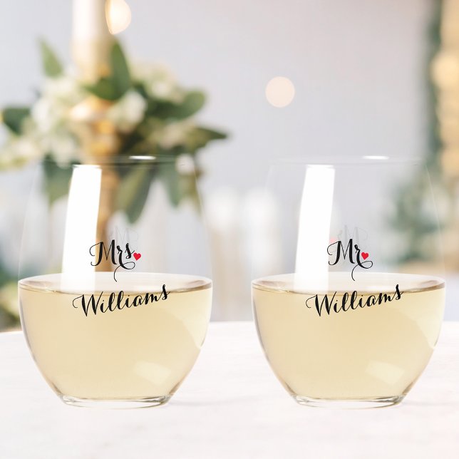 Vaso De Vino Elegante Sr. Sra. Newlyweds Pareja Boda de luna de (Elegant Mr Mrs Newlyweds Couple Honeymoon Wedding Stemless Wine Glass)