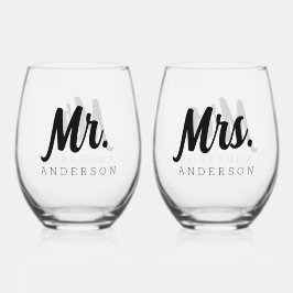 Vaso De Vino Elegante Sr. y Sra. + Nombre Boda Newlyweds