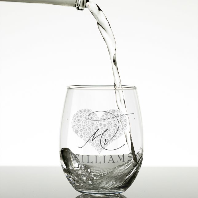 Vaso De Vino Elegante Sr. y Sra. Personalizado (Elegant Mr. and Mrs. Personalized Stemless Wine Glass)