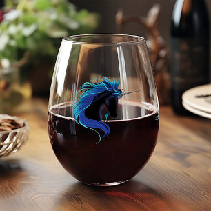 Vaso De Vino Elegante Unicornio Negro Fantasía Mágica Azul Plat