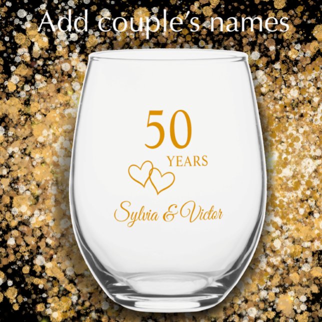 Vaso De Vino Elegante y moderno oro personalizado 50 años (Add couple’s names for personalized golden elegant 50th wedding anniversary keepsake glass gift.
)