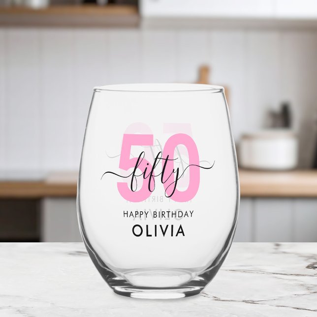 Vaso De Vino Elegante y moderno rosado 50 cumpleaños (Subido por el creador)