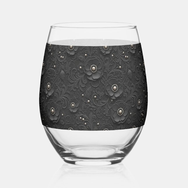 Vaso De Vino Encaje Floral Negro con Perlas (Anverso)