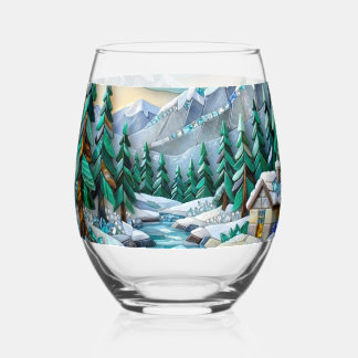 Vaso De Vino Escena de cabaña de mosaico de vidrio emplomado de