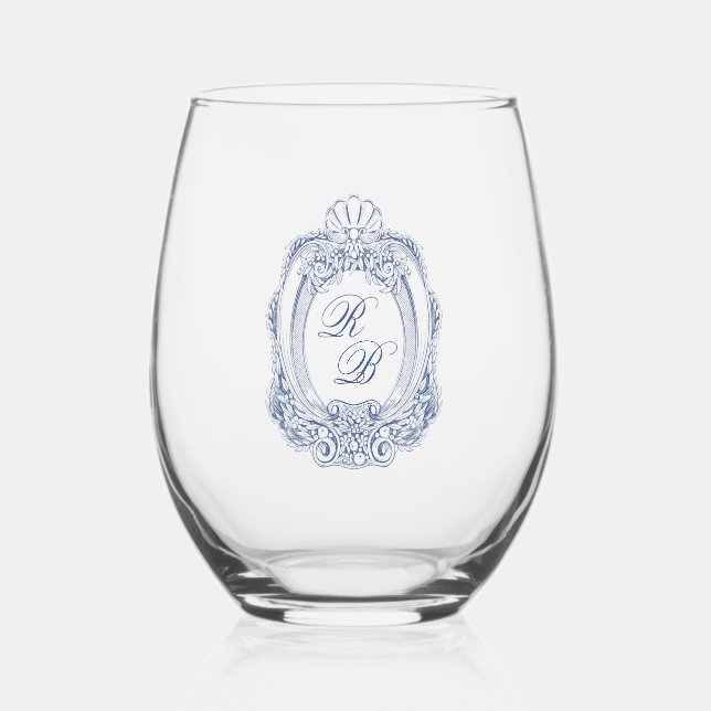 Vaso De Vino Escudo barroco Boda de Iniciales Azules Francesas (Anverso)
