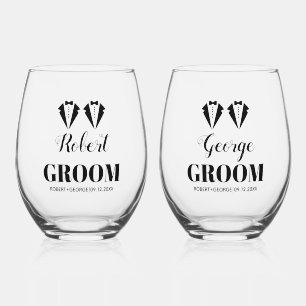 Vaso De Vino Esmoquin negro y blanco dos novios boda gay