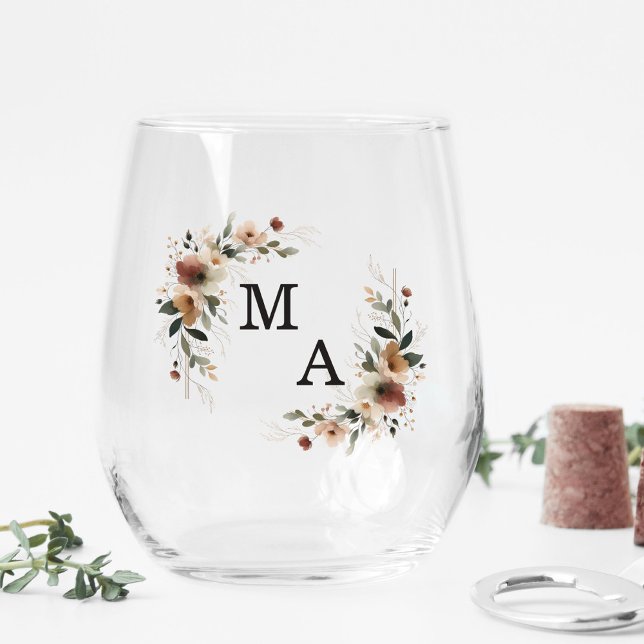 Vaso De Vino Ethereance Boho Wreath Boda Monograma (Toast to forever with our monogrammed stemless wine glasses, beautifully personalized.)