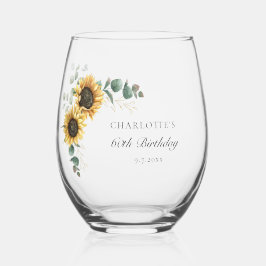 Vaso De Vino Eucalyptus Floral Sunflower Script 60 cumpleaños