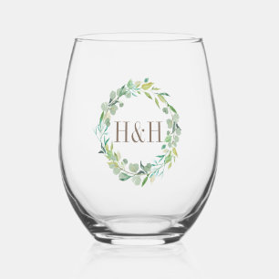 Vaso De Vino Eucalyptus Sage Green Watercolor Floral Monograma