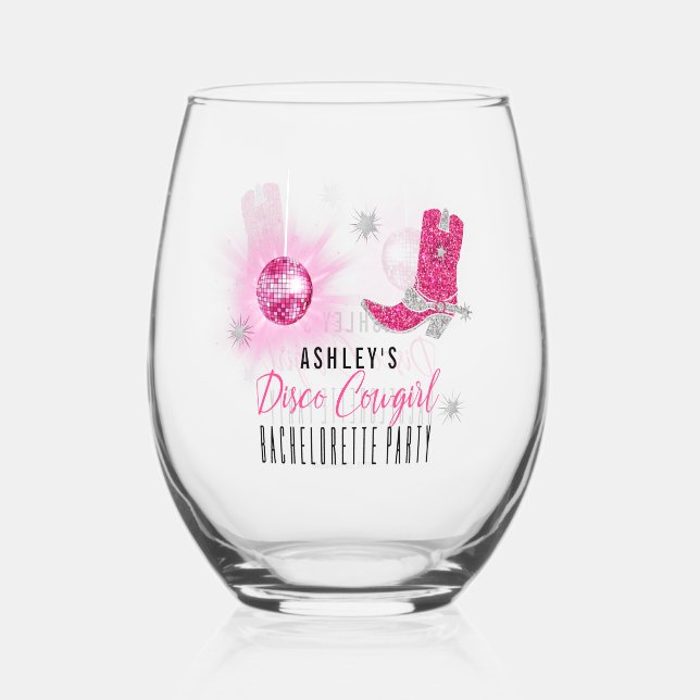 Vaso De Vino Faux Purpurina Pink Disco Cowgirl Bachelorette (Anverso)