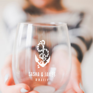 Vaso De Vino Favor de la boda naval y náutica blanca