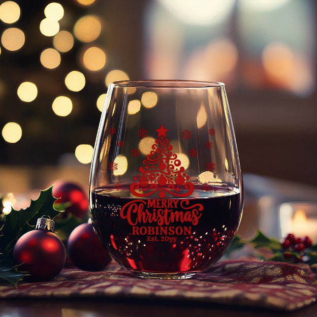 Vaso De Vino Fecha de la familia Christmas Tree Merry Christmas (Red Holiday Tree "Merry Christmas" Family Name and Year Established Stemless Wine Glasses )