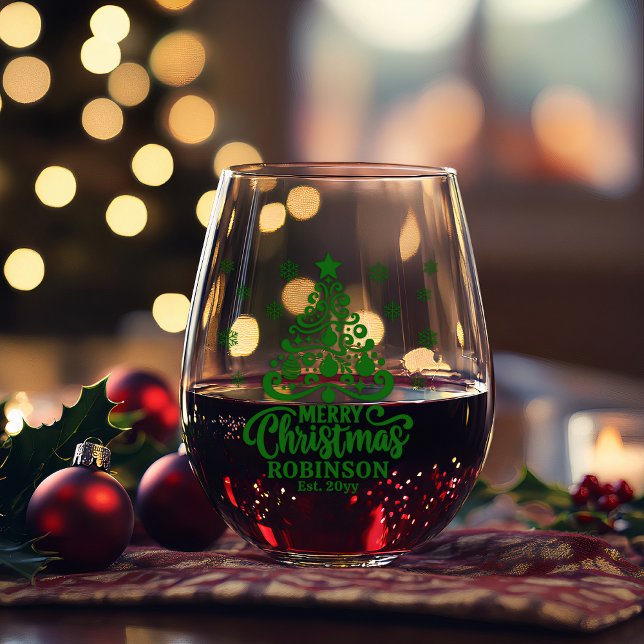 Vaso De Vino Fecha de la familia Christmas Tree Merry Christmas (Green Holiday Tree "Merry Christmas" Family Name and Year Established Stemless Wine Glasses )
