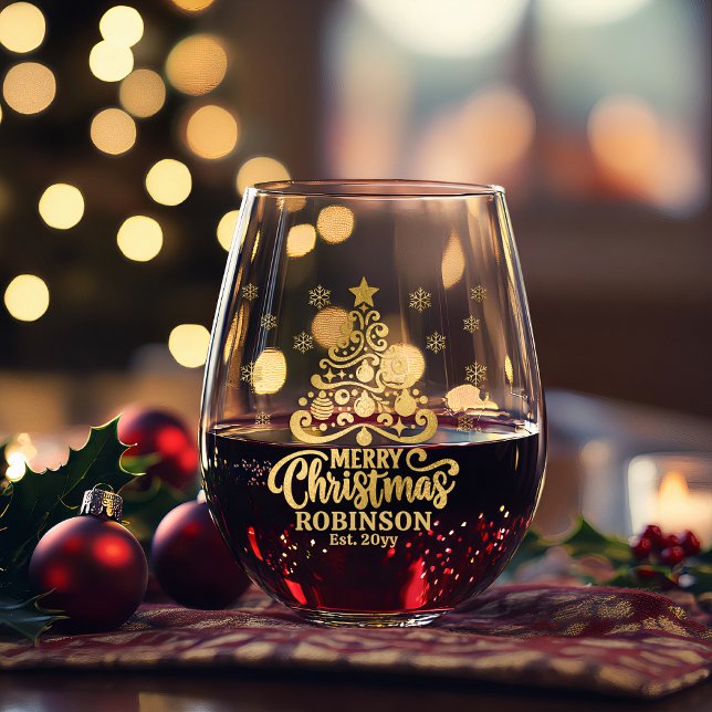 Vaso De Vino Fecha de la familia Christmas Tree Merry Christmas (Gold Tone Holiday Tree "Merry Christmas" Family Name and Year Established Stemless Wine Glasses )