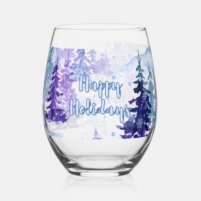 Vaso De Vino Felices fiestas Morado Invierno Árboles Nevados (Anverso)