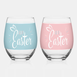 Vaso De Vino Felices Orejas De Conejo De Pascua, Retro Azul Y R