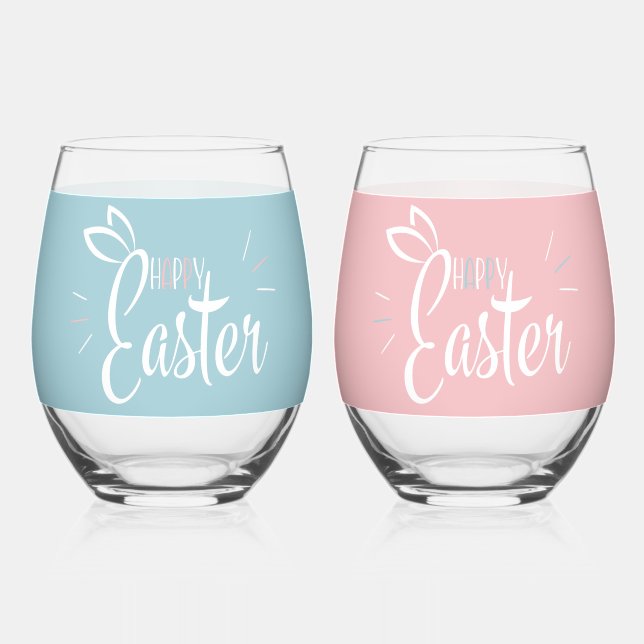 Vaso De Vino Felices Orejas De Conejo De Pascua, Retro Azul Y R (Anverso)