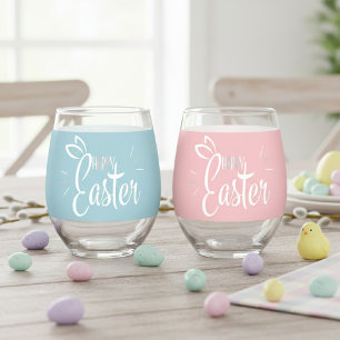 Vaso De Vino Felices Orejas De Conejo De Pascua, Retro Azul Y R