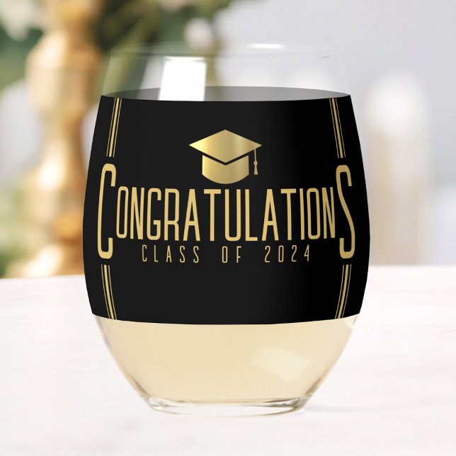 Vaso De Vino Felicidades de negro y dorado Clase de graduación (Black & Gold Congratulations Class Of Graduation Stemless Wine Glass)