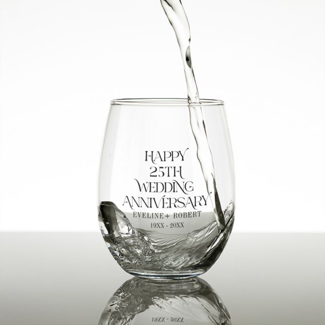 Vaso De Vino Feliz 25° Aniversario Boda Caligrafía Negra (Subido por el creador)