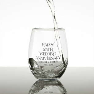 Vaso De Vino Feliz 25° Aniversario Boda Caligrafía Negra