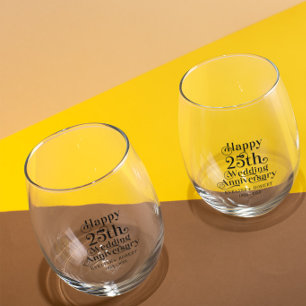 Vaso De Vino Feliz 25° Aniversario Boda Tipografía Negra