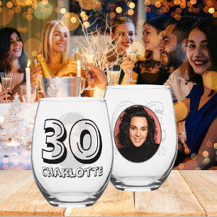 Vaso De Vino Feliz 30 cumpleaños, Fiesta de foto y nombre