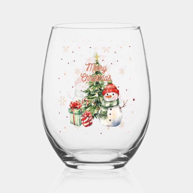 Vaso De Vino Feliz árbol de Navidad Snowman y presente (Anverso)