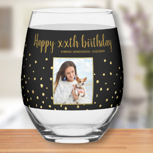 Vaso De Vino Feliz cumpleaños Purpurina de oro foto a cualquier