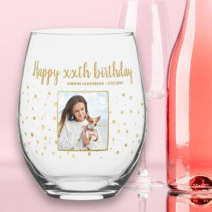 Vaso De Vino Feliz cumpleaños Purpurina de oro foto a cualquier