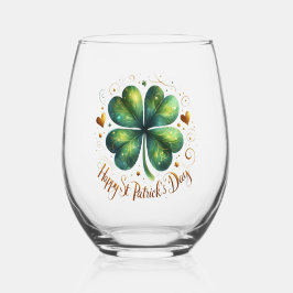 Vaso De Vino Feliz Día de San Patricio Green & Gold Shamrock