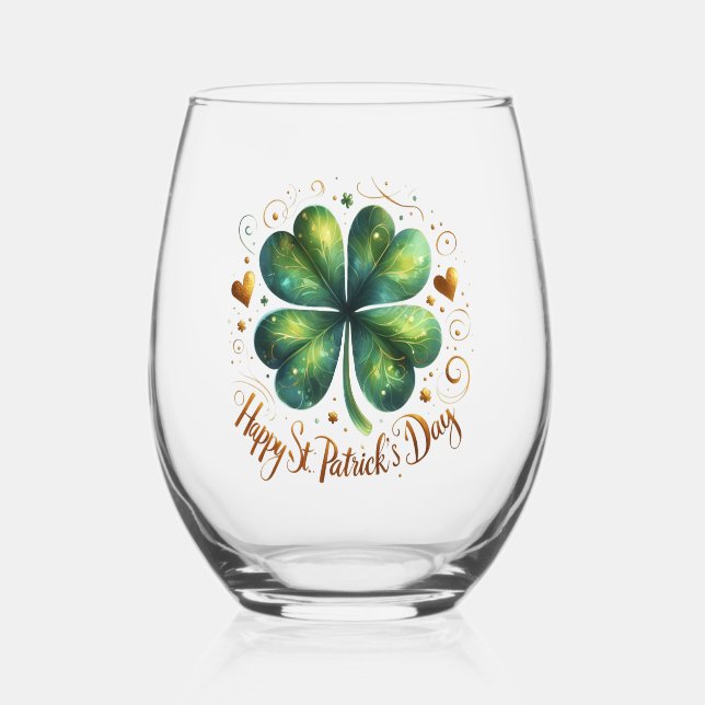 Vaso De Vino Feliz Día de San Patricio Green & Gold Shamrock (Anverso)