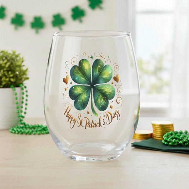 Vaso De Vino Feliz Día de San Patricio Green & Gold Shamrock (Happy St. Patrick's Day Green & Gold Shamrock Stemless Wine Glass)