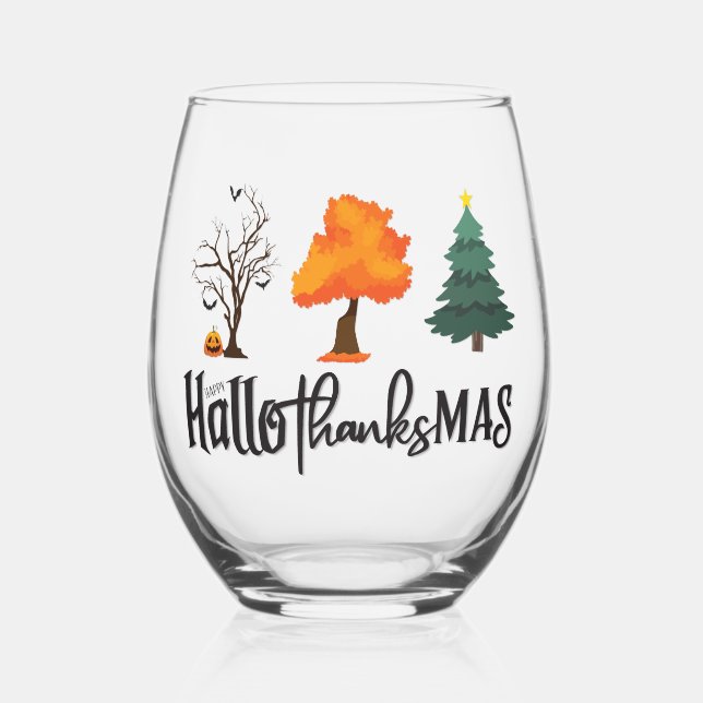 Vaso De Vino Feliz HalloGraciasMas Vidrio (Anverso)