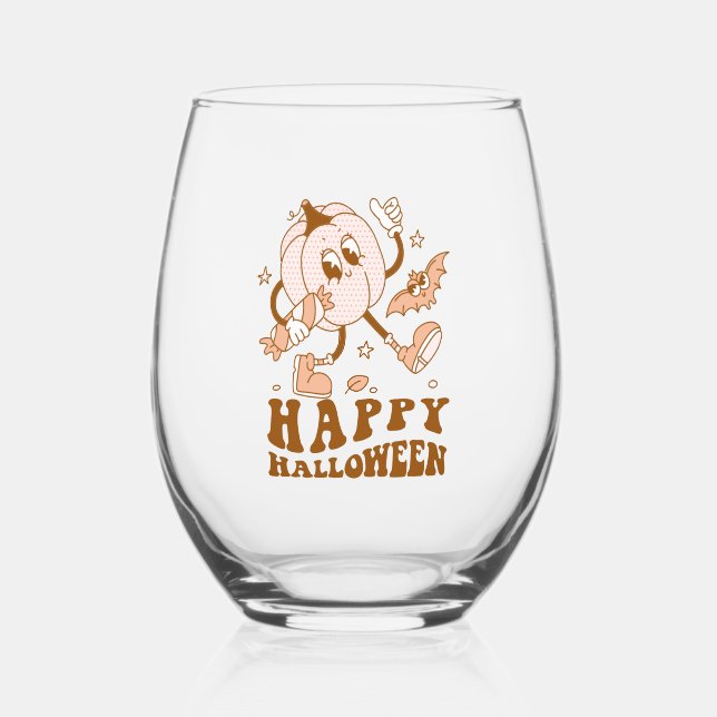Vaso De Vino Feliz Halloween| Calabaza de punto de Polka retro (Anverso)