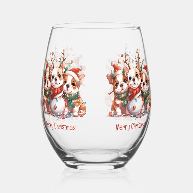 Vaso De Vino Feliz Navidad Bulldog inglés Reindeer Santa (Derecha)