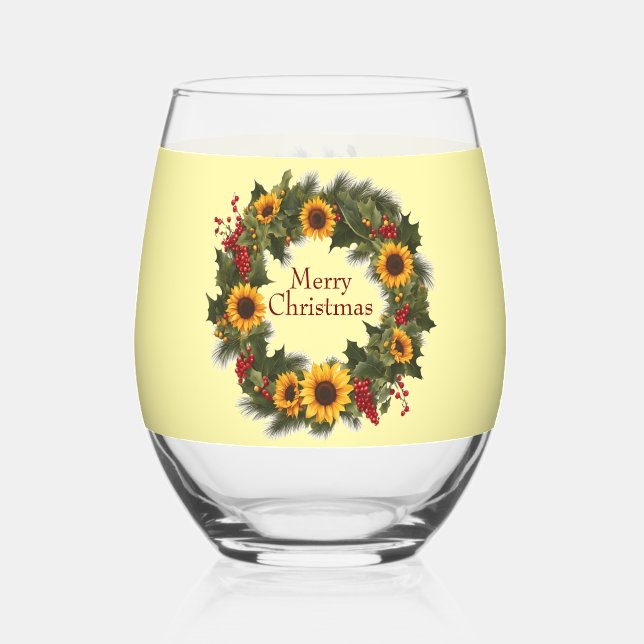 Vaso De Vino Feliz Navidad Wine Sunflower Wreath Holly Joy (Anverso)