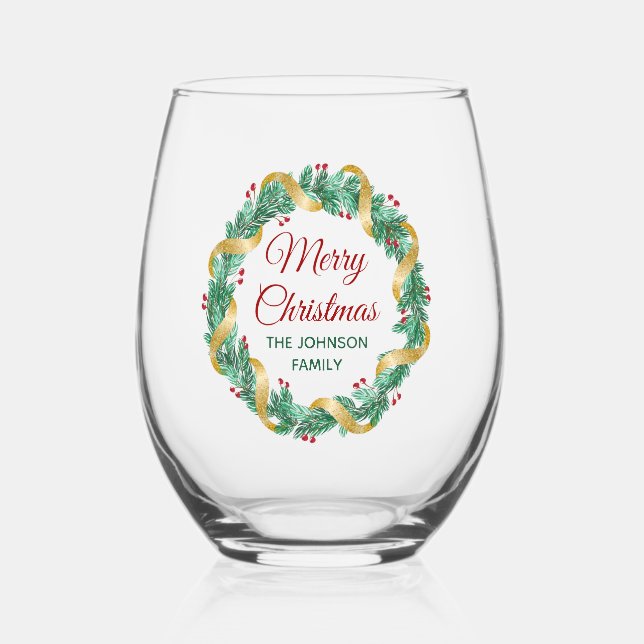 Vaso De Vino Feliz Navidad Wreath Personalizado Verde Rojo (Anverso)