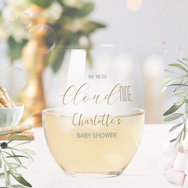 Vaso De Vino Fiesta de Baby Shower Cloud 9 Celeste (Cloud 9 Celestial Blue Baby Shower Stemless Wine Glass ©Susanne Sachers - Sunny Mind 🌞)