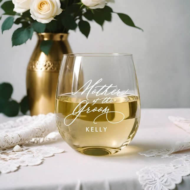 Vaso De Vino Fiesta de matrimonio de nombre de escritura de Gro (Mother of the Groom Script Name Wedding Party Stemless Wine Glass)