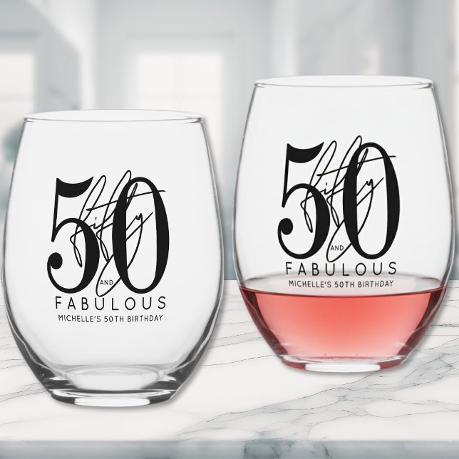 Vaso De Vino Fifty 50th Birthday (Fifty Fabulous 50th Birthday Party Stemless Wine Glass)