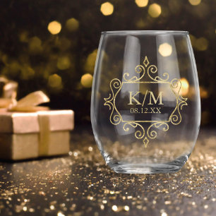 Vaso De Vino Fino Filigree Gold Boda Initials ID871