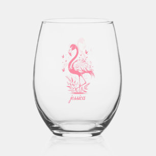 Vaso De Vino Flamingo rosa y mariposas
