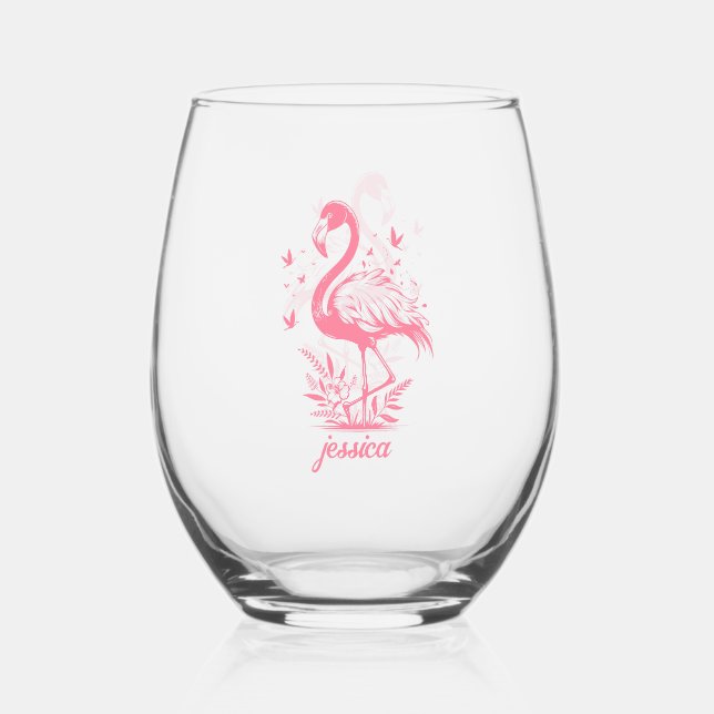 Vaso De Vino Flamingo rosa y mariposas (Anverso)