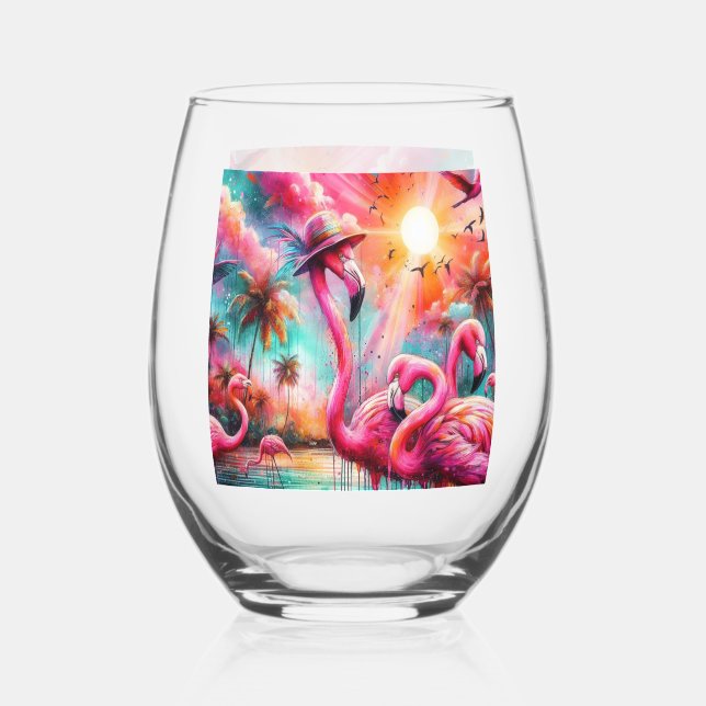 Vaso De Vino Flamingos rosados tropicales Palmeras Agua Verde a (Anverso)