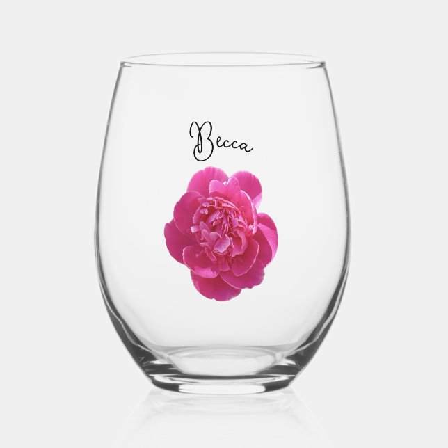 Vaso De Vino Flor de Peón Rosa vibrante personalizada (Anverso)