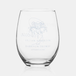 Vaso De Vino Flor gris azul de lis monogram favor de la boda