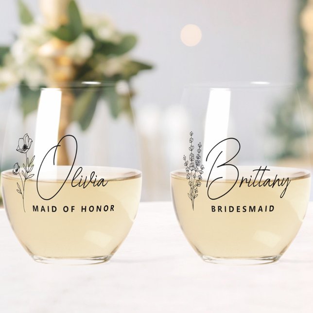 Vaso De Vino Floral de Bridesmaid Personalizada Moderna y Simpl (wildflower floral bridesmaid wine glass with name, bridesmaid proposal, wedding bridal party gifts)