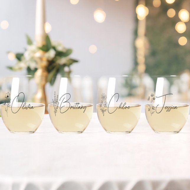 Vaso De Vino Floral de Bridesmaid Personalizada Moderna y Simpl (maid of honor wine glass,bridesmaid wine glass with name,wildflower floral bridesmaid gifts,)