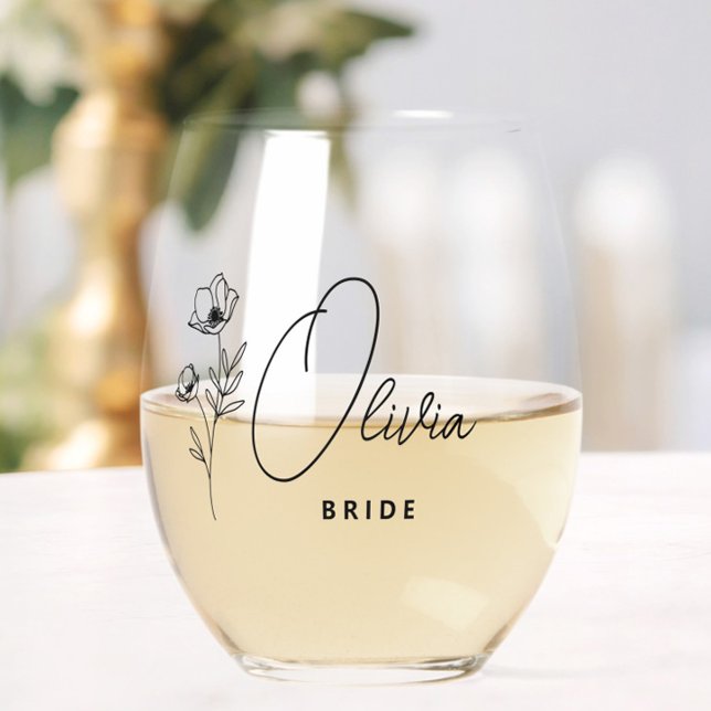 Vaso De Vino Floral de novia personalizada y sencilla (Gifts for the Bride & Groom, Newlyweds, Wedding Party Gifts, Bridal Shower, Engagement, Wedding Day,)